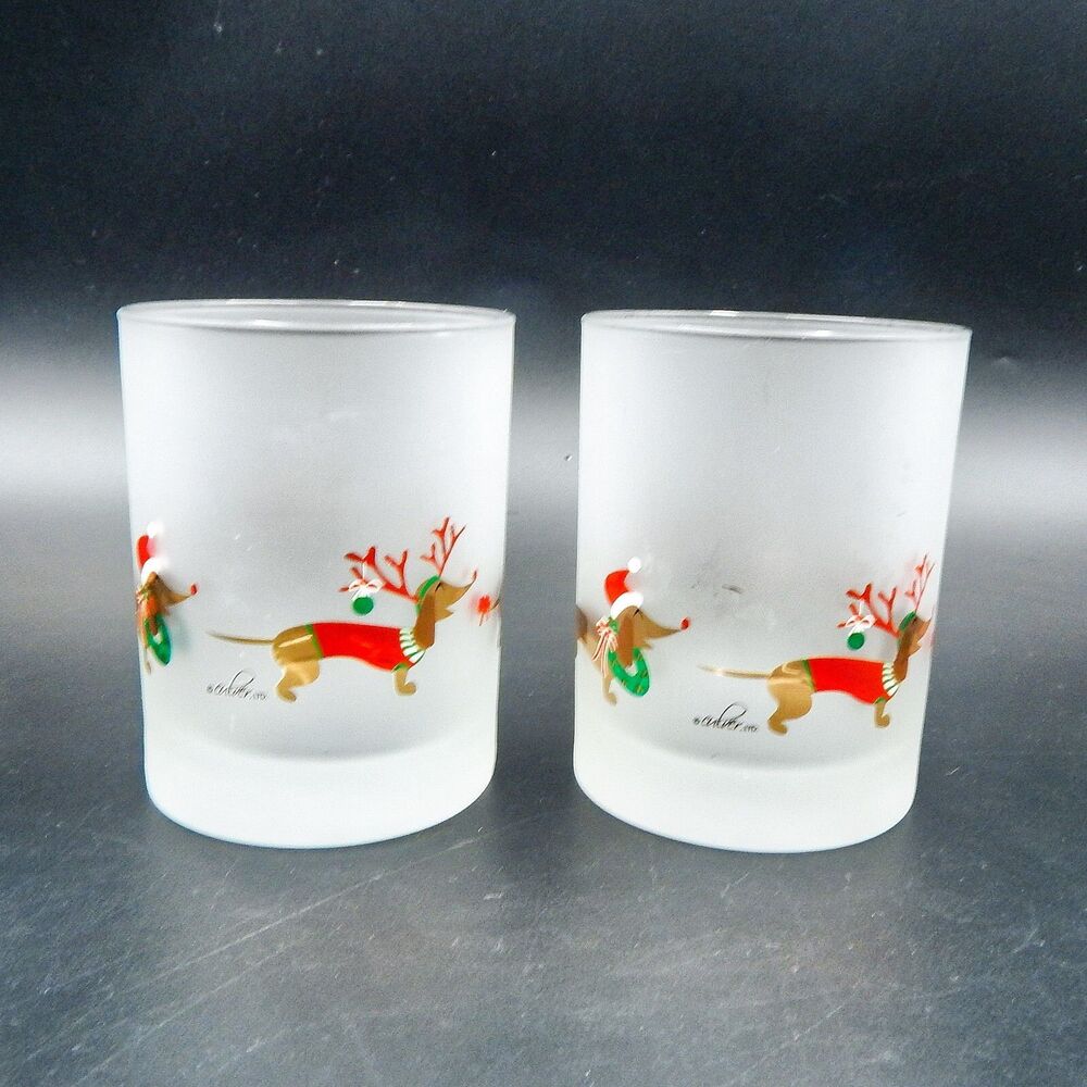 Culver Frosted Rocks Lowball Glasses Dog Dachshund Antlers Christmas Santa S/2
